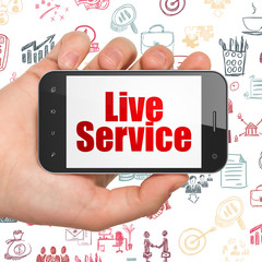 Business concept: Hand Holding Smartphone with  red text Live Service on display,  Hand Drawn Business Icons background, 3D rendering