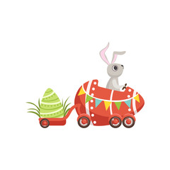 Cute little bunny driving Easter red car egg, funny rabbit character, Happy Easter concept cartoon vector Illustration
