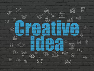 Business concept: Painted blue text Creative Idea on Black Brick wall background with  Hand Drawn Business Icons