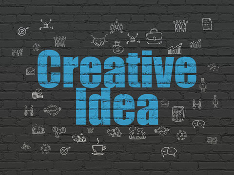 Business concept: Painted blue text Creative Idea on Black Brick wall background with  Hand Drawn Business Icons
