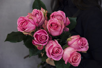 The big bouquet of beautiful pink roses in woman hands on gray background