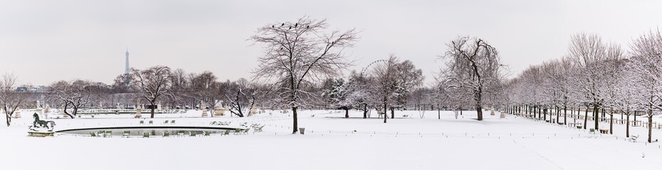 A panoramic view of a park in Paris under the snow