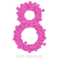 Greeting card for 8 March on white background. Figure 8 of pink rose petals. luxurious brochure for Happy Womens Day. Vector illustration