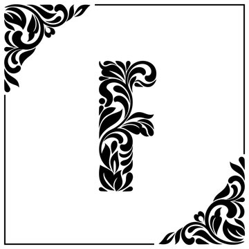 The letter F. Decorative Font with swirls and floral elements. Vintage style