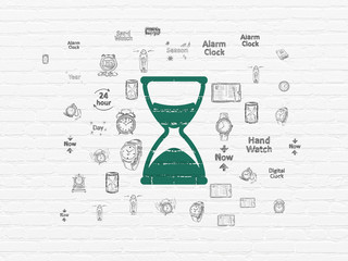 Time concept: Painted green Hourglass icon on White Brick wall background with  Hand Drawing Time Icons