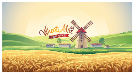 Rural summer landscape with windmill and wheat field. Vector illustration. © Rustic