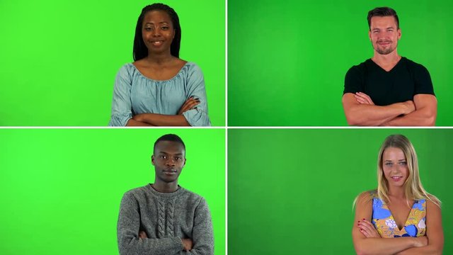 4K compilation (montage) - four people fold their arms across their chests and smile at the camera - green screen