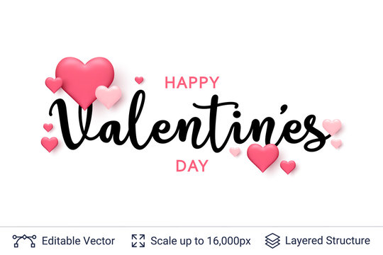 Happy Valentines day text and 3D hearts on white.