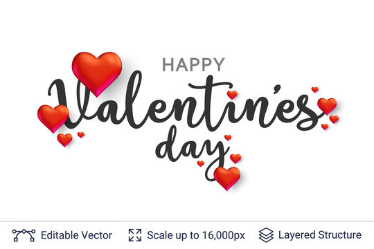 Happy Valentines day text and 3D hearts on white.