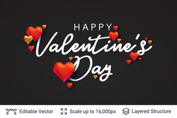Happy Valentines day text and 3D hearts on black.