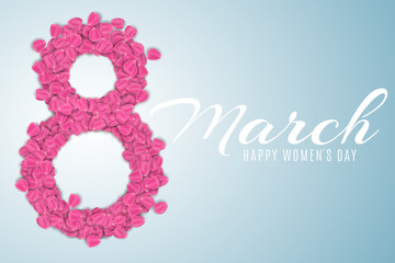 Cover for 8 March on blue background. Figure 8 of pink rose petals. luxurious brochure for Happy Womens Day. Calligraphic white text. Vector illustration