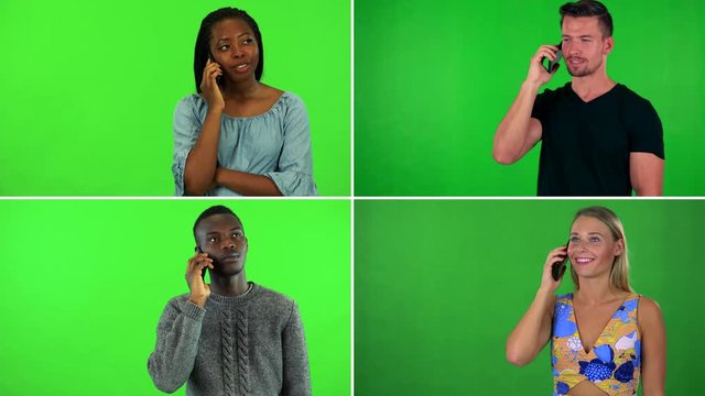 4K compilation (montage) - four people talk on smartphones - green screen