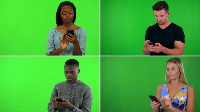 4K compilation (montage) - four people work on smartphones - green screen