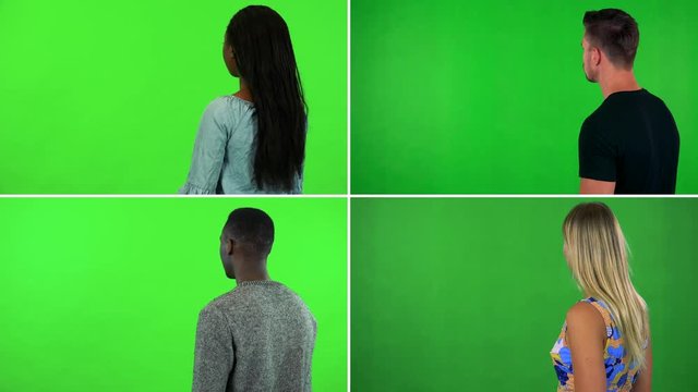 4K compilation (montage) - four people stand with backs to the camera and look around - green screen