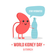 Vector illustration for world kidney day with kidney character, giving advice to stay hydrated, drink enough water.
