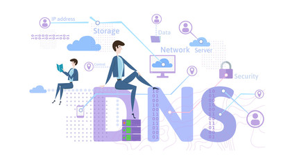 DNS concept, Domain Name System. Decentralized naming system for computers, devices, services, or other resources. Vector illustration in flat style, isolated on white background. - obrazy, fototapety, plakaty