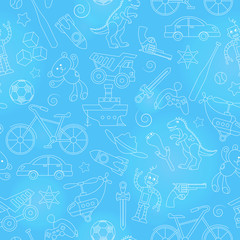 Seamless pattern on the theme of childhood and toys, toys for boys, light contour icons on blue background