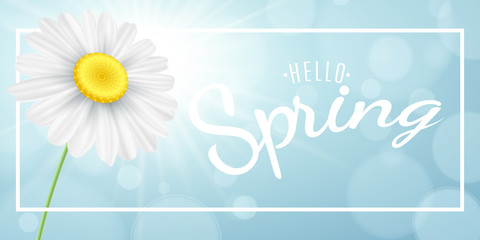 Spring concept. Chamomile in white frame banner on the background of the sun. Blue sky with abstract bokeh lights. Calligraphic text. Hello spring phrase. Vector illustration