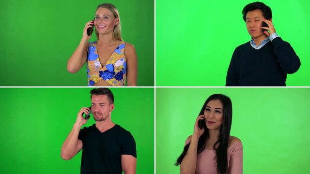 4K compilation (montage) - four people talk on smartphones - green screen