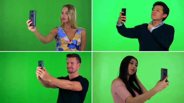 4K compilation (montage) - four people take selfies with smartphones - green screen