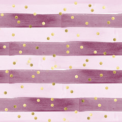 Modèle sans couture en effet aquarelle - rayures horizontales en rose et violet avec des confettis or