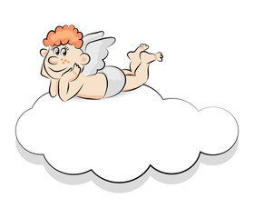 Funny little angel lying on a cloud with place for text.