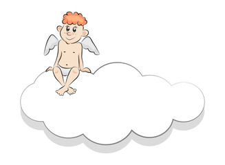 Funny little angel lying on a cloud with place for text.