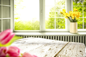 spring background of desk and window 