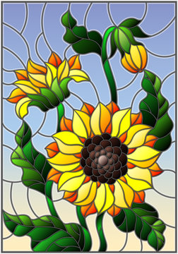 Illustration in stained glass style with a bouquet of sunflowers, flowers,buds and leaves of the flower on sky background