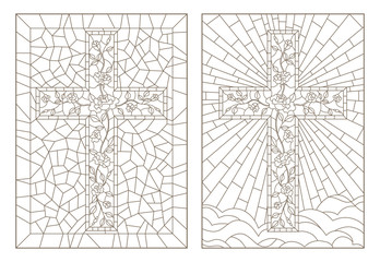 Set of outline illustrations of stained glass Windows with Christian crosses decorated with roses, dark outlines on white background