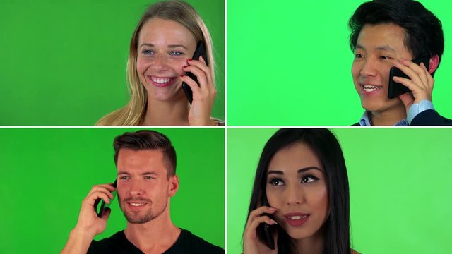 4K compilation (montage) - four people talk on smartphones - face closeup - green screen