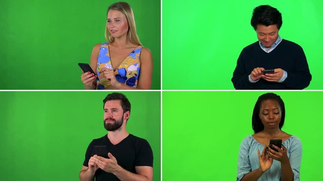 4K compilation (montage) - four people work on smartphones - green screen