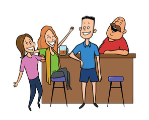 The young man talking to the girls at the bar. The bartender laughing. Vector illustration, isolated on white background.