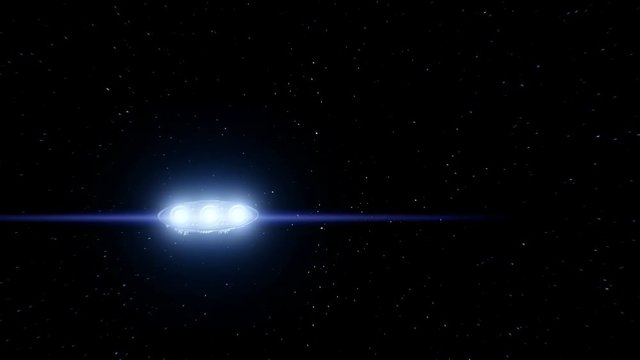 Spaceship flies past and shining lights of engines, 3d animation.