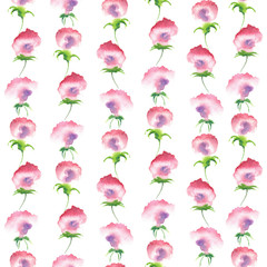 Watercolor hand drawn sketch illustration seamless pattern background of pink flowers isolated on white 