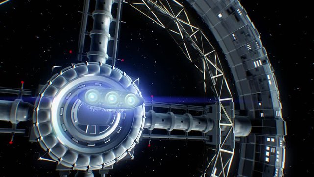 Stars on backdrop. Spaceship flies into the door of giant space torus and flickers with engines lights, 3d animation.