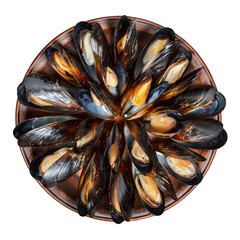 Clay dish with boiled mussels isolated on white