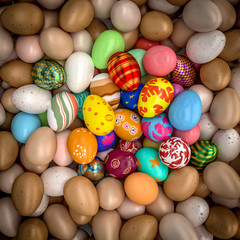  3d image of differently colored artistic easter eggs, variations of themes and colors. nobody around.