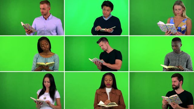 4K compilation (montage) - group of nine people read books - green screen