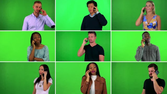 4K compilation (montage) - group of nine people talk on smartphones - green screen