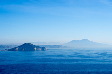 Scenic  view across the Bay of Naples, Italy with a view of Mount Vesuvius in the background
