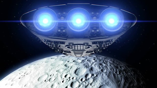Alien spaceship is approaching Moon. Bright engines flashing, 3d animation. Texture of the Moon was created in the graphic editor without photos and other images.