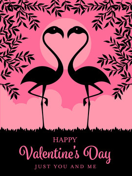Happy Valentines day card template with Silhouette flamingos and branch on pink background vector design