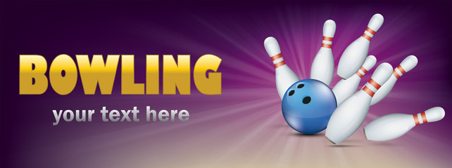 Golden Bowling Pin Deck Purple Banner Blue Ball Strike Pins - obrazy, fototapety, plakaty