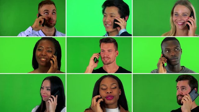 4K compilation (montage) - group of nine people talk on smartphones - face closeup - green screen