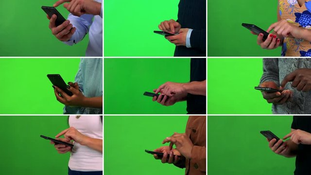 4K compilation (montage) - group of nine people work on smartphones - closeup - green screen