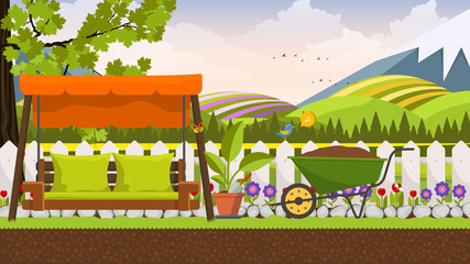 Beautiful vector art flower bed in garden with swing bed. Landscape background.