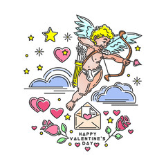 Romantic design with Cupid for Valentines Day. Valentines greeting card. Happy Valentine's Day. Cute cupid shoots a bow. Love symbol. Vector illustration