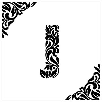 The letter J. Decorative Font with swirls and floral elements. Vintage style