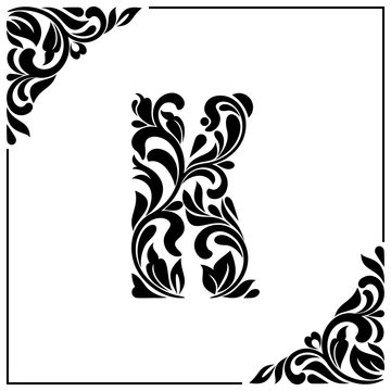 The letter K. Decorative Font with swirls and floral elements. Vintage style